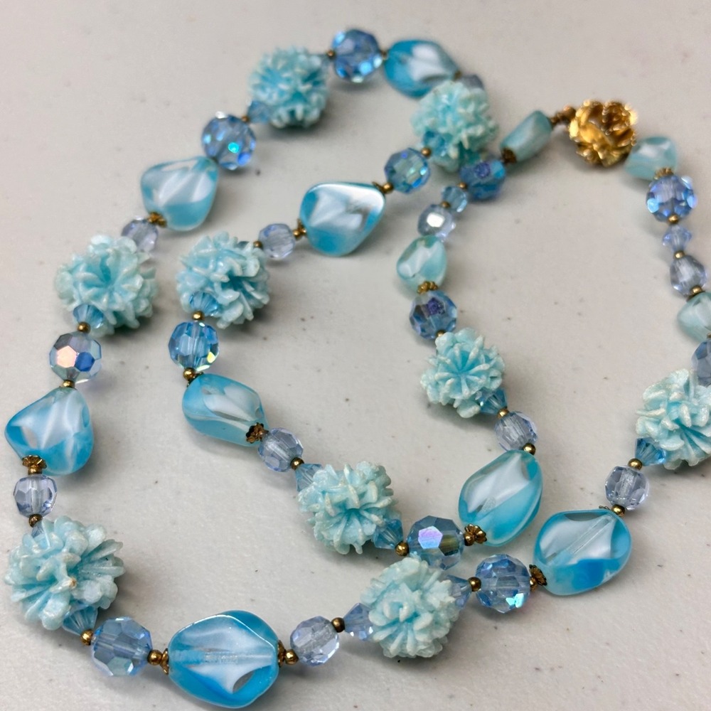 Vintage MCM Flower Fruit Salad Bead Necklace Blue Art Glass Resin Rose Box Clasp